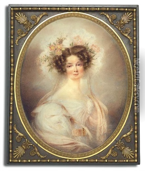 A Young Lady Called Princess Lieven  In White Dress With Voluminous Sleeves, Pink Sash With Gold Buckle And Pink Stole. Elaborate Lace Bonnet Adorned With Pink Roses, Foliage In Her Hair Oil Painting - E.W. Thomson