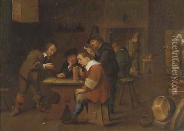 Peasants playing dice, smoking and drinking in an inn Oil Painting - David The Younger Teniers