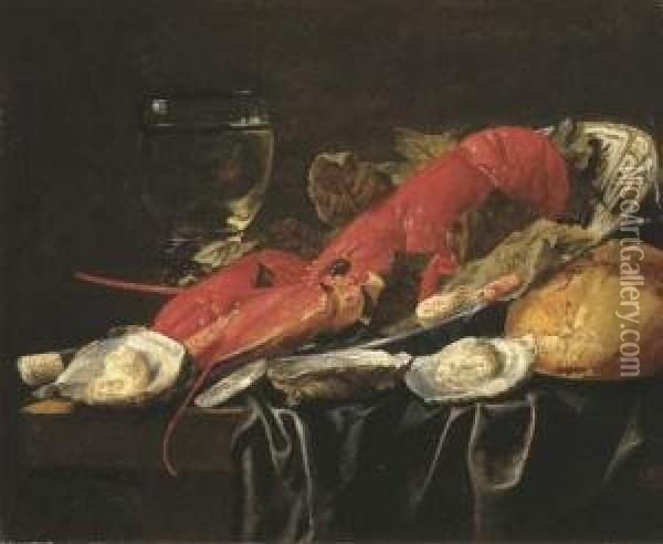 A Lobster, Shrimps And Vine Leaves In A Wanli 'kraak' Porcelein Bowl Oil Painting - Carstiaen Luyckx