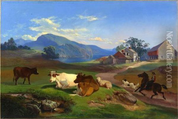 Pennsylvania Farmscene Withriver And Mountains Oil Painting - Francis Daniel Devlan