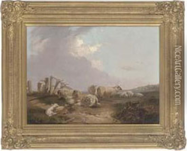 Sheep Grazing And Resting Oil Painting - James Aumonier
