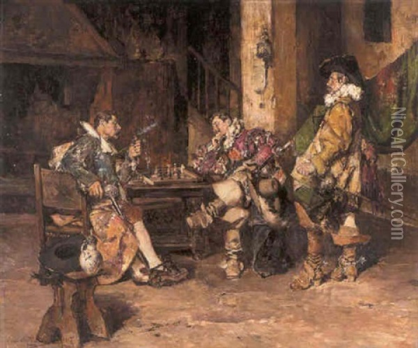 A Game Of Chess Oil Painting - Maximo Juderias Caballero