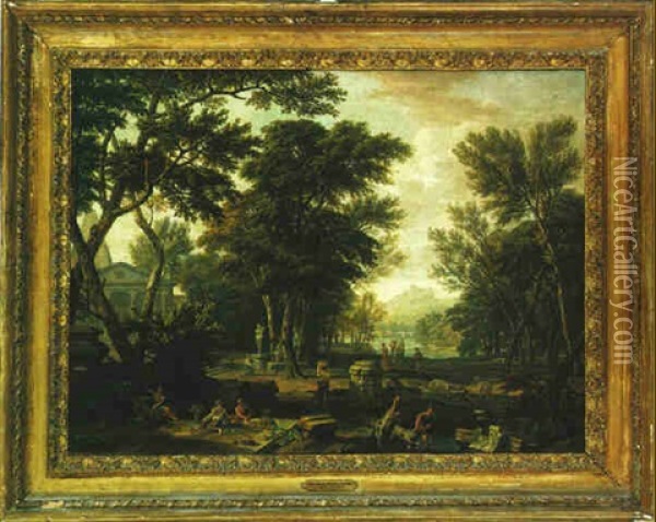 Figures In A Classical Wooded Landscape, With Mountains And A Lake Beyond Oil Painting - Isaac de Moucheron