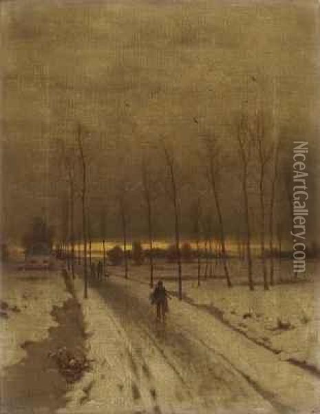 Verschneite Allee Bei Sonnenuntergang Mit Heimkehrenden Jagern Oil Painting - Eduard, Hein Jr.