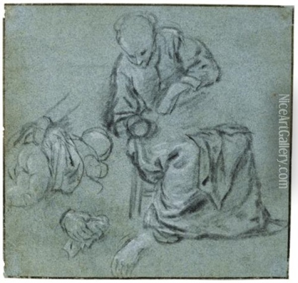 Double Sided Study Sheet: A Woman Cleaning A Baby And Studies Of A Child Oil Painting - Adriaen Jansz van Ostade