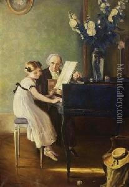 Die Klavierstunde. Oil Painting - Jules Alexis Muenier