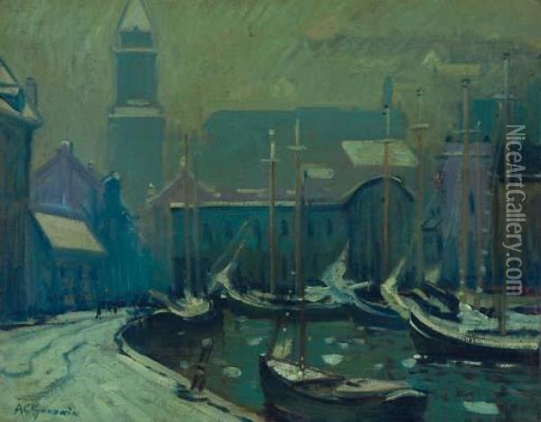 View Of Custom House Tower From T-wharf, Boston Oil Painting - Arthur C. Goodwin