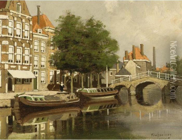 Moored Barges In A Dutch Town Oil Painting - Johannes Christiaan Karel Klinkenberg