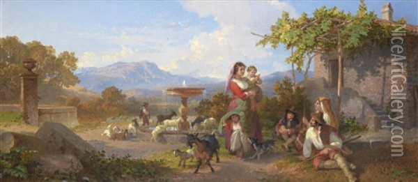 A Peasant Family By A Fountain In An Italian Landscape Oil Painting - Penry Williams