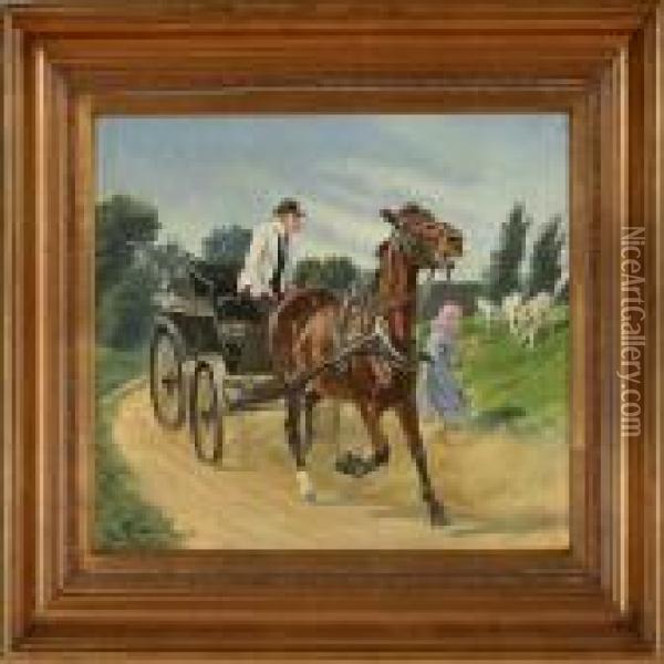 Horse Carriagefrightens A Girl With Her Sheep Oil Painting - Karl Frederik Hansen-Reistrup