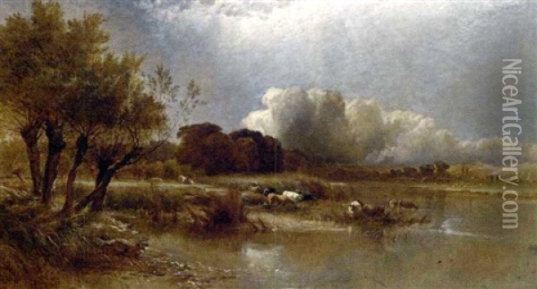 Cattle Watering In A Landscape, A Storm Approaching Oil Painting - Arthur Gilbert