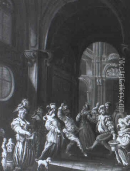 Masked Figures Dancing In An Interior Oil Painting - Faustino Bocchi