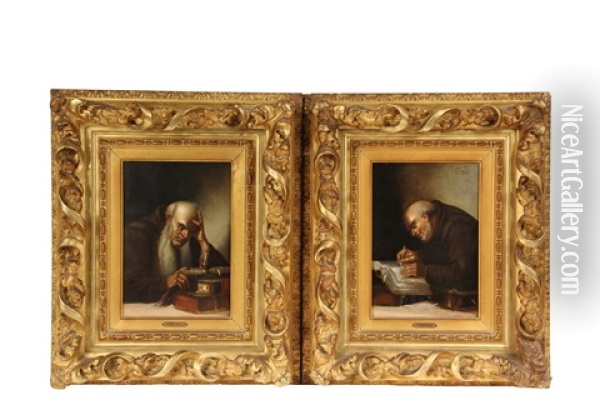 Portraits Of Monks Reading And Writing (a Pair) Oil Painting - Carl Schleicher