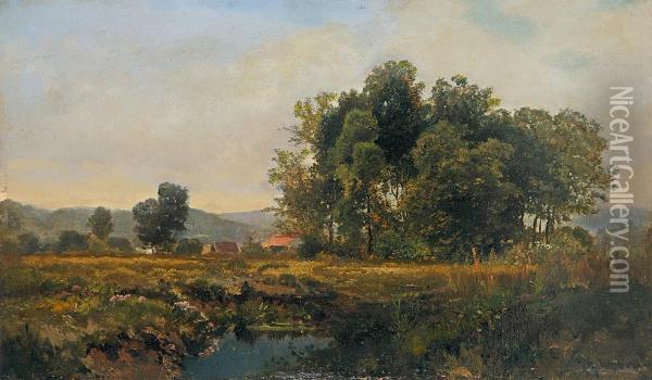Landschaft Mit Baumgruppe Und Hausern Oil Painting - Philipp Ludwig Herrmann