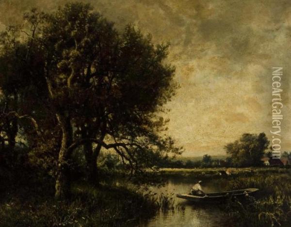A Figure Punting Along The Riverbank. Oil Painting - Jules Dupre