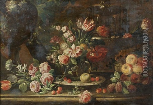 Composition De Fleurs Et Fruits Sur Un Entablement De Pierre Oil Painting - Abraham Brueghel