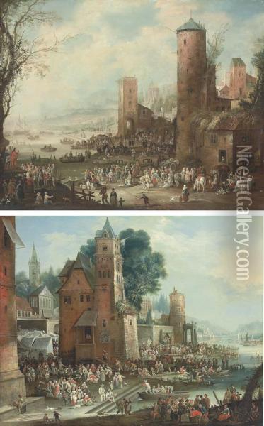 A Harbour Scene With A Marketplace; And A Harbour Scene With Markettents And Street Theatre, Boats Docking In The Foreground Oil Painting - Petrus Casteels