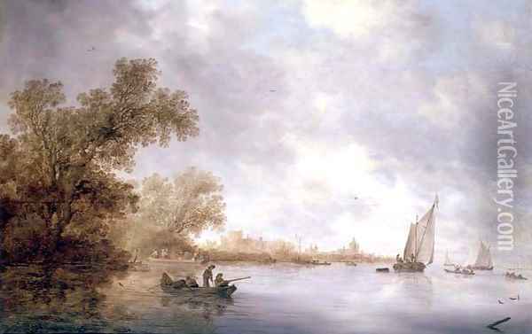 View of the River Lek with Boats and Liesvelt Castle Oil Painting - Salomon van Ruysdael