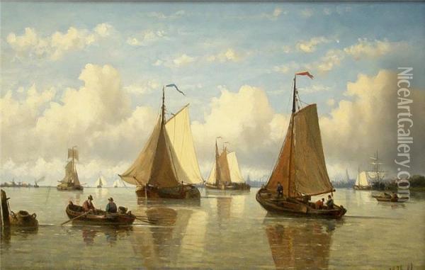Hollandischemeereskuste Mit 
Zahlreichen Fischerbooten, Im Hintergrundsilhouette Einer Stadt Oil Painting - Hendrik Hulk