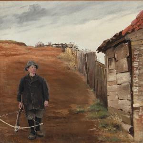 Boy With A Crossbow At The Foot Of A Hill Oil Painting - Laurits Andersen Ring