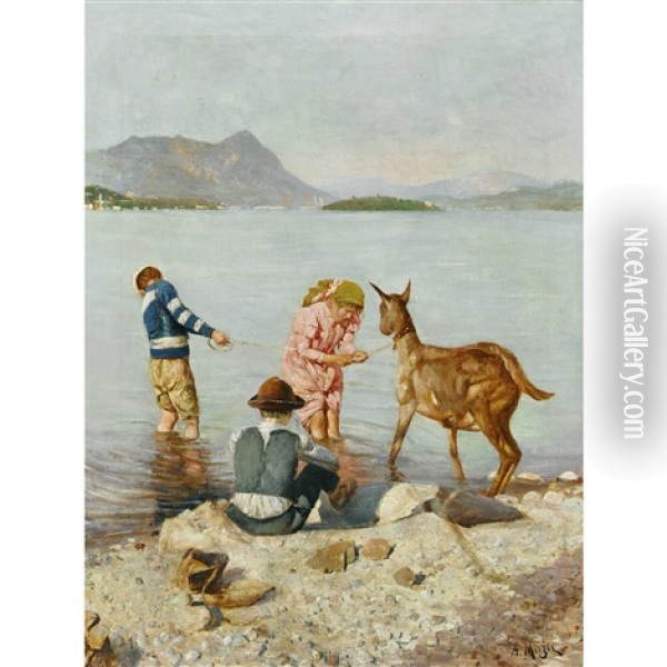 Kinder Mit Ziege Am Sommerlichen Seeufer Oil Painting - Alfonso Muzij