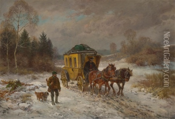 Stage Coach And Hunter In The Snow Oil Painting - Fritz Ritter von Venne