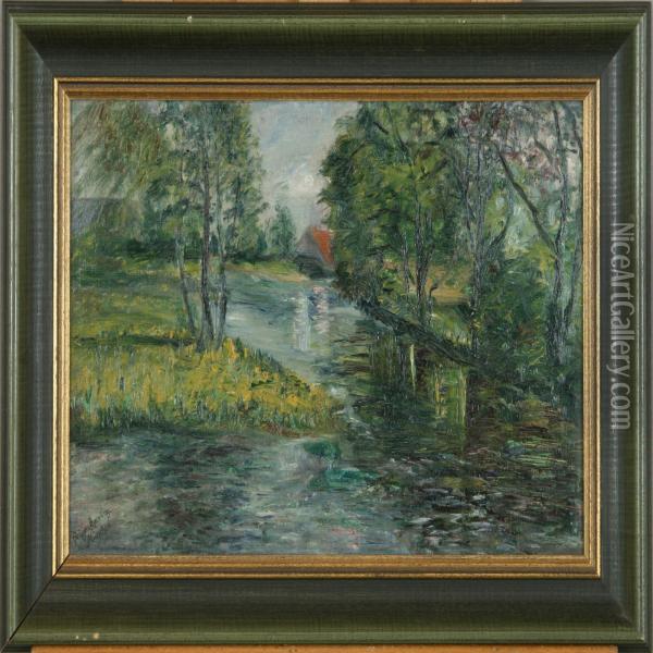 Landscape With River. Signed Geiger-thuring, Munchen Oil Painting - August Geiger-Thuring