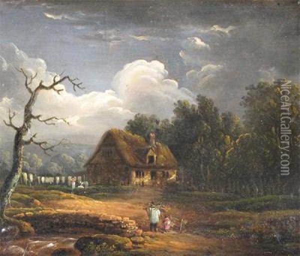 A Family Gathering Wood By A Cottage Oil Painting - James Arthur O'Connor