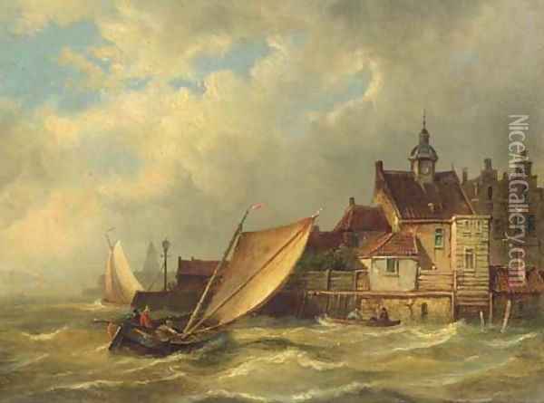 A sailing boat entering a Dutch harbour Oil Painting - Pieter Christiaan Cornelis Dommersen