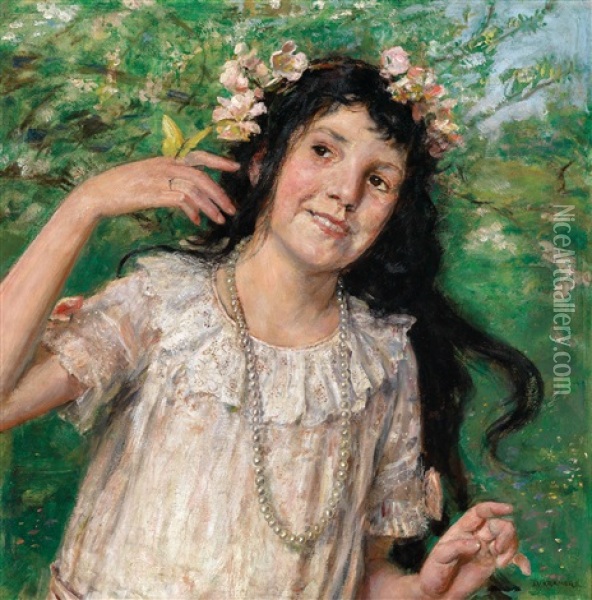 Blumengeschmucktes Madchen Mit Schmetterling Oil Painting - Johann Victor Kramer