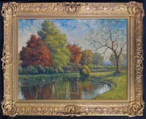 An Autumnal River Landscape Oil Painting - Jacques Van Wijck