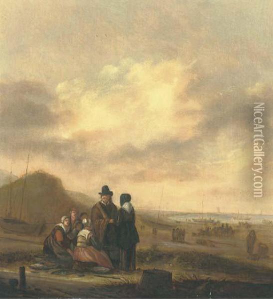 Fisherfolk On The Beach With Sailing Vessels Beyond Oil Painting - Willem Gillisz. Kool