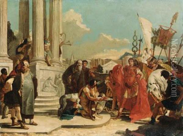 Julius Caesar Contemplating The Severed Head Of Pompey Oil Painting - Giovanni Battista Tiepolo