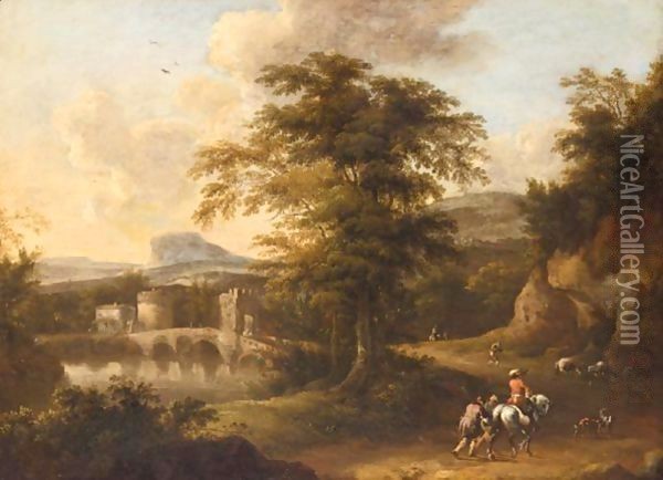 A Southern Landscape With A Horseman And Other Travellers Near A Bridge At Dusk Oil Painting - Frederick De Moucheron