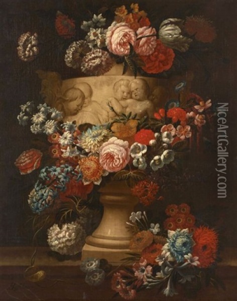 Guirlande De Fleurs Enroulee Autour D'un Vase D'albatre A Motifs De Putti Oil Painting - Jan-Baptiste Bosschaert
