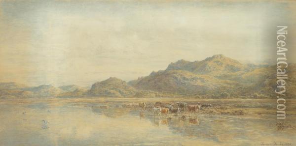 Cattle Watering Before The Arthog Hills, Near Barmouth Oil Painting - Thomas Danby