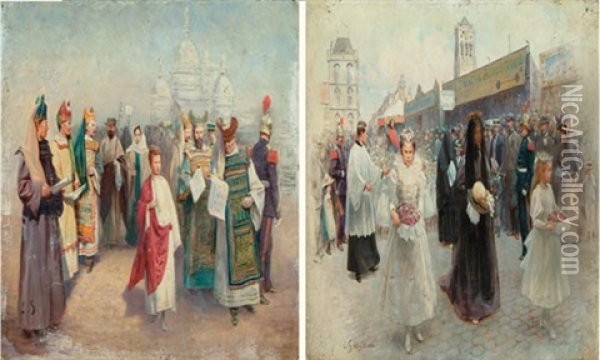 Processions (2 Works) Oil Painting - Louis Remy Sabattier