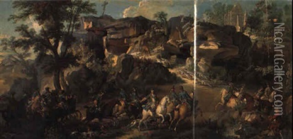 Le Cerf Qui Tient Aux Chiens Sur Les Rochers De Franchard, ... Fontainebleau Oil Painting - Jean-Baptiste Oudry