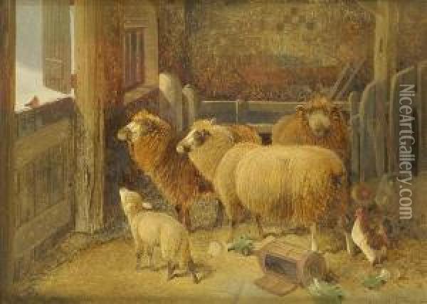 Christmasgreeting, Sheep And 
Lamb With Cockerel In A Barn, A Robin At Thedoor, Snow Covered Landscape
 Beyond Oil Painting - Frederick E. Valter