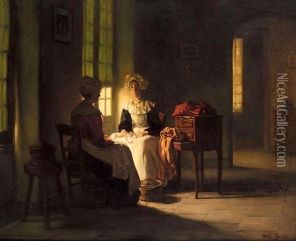 Sewing By The Window Oil Painting - Claude Joseph Bail