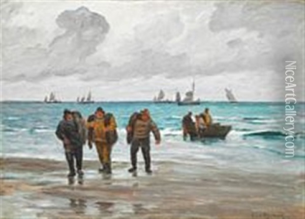 Coastal Scene With Fishermen Pulling The Boat Up On Shore Oil Painting - Carl Ludvig Thilson Locher
