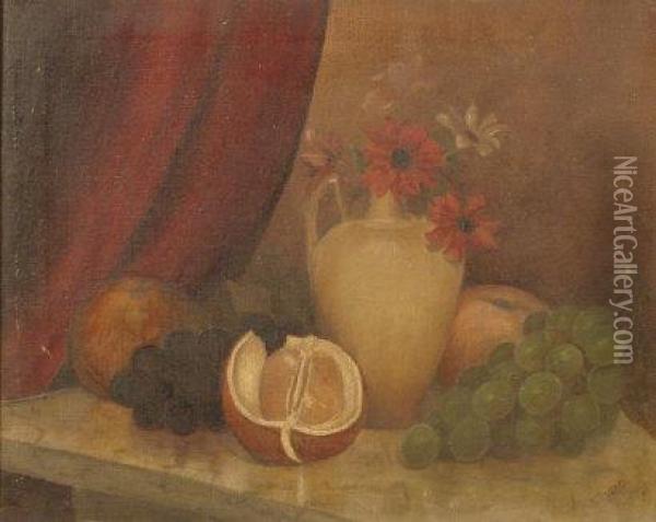 Still Life Of Fruit, Grapes, Vase And Flowers Oil Painting - Martin Cregan