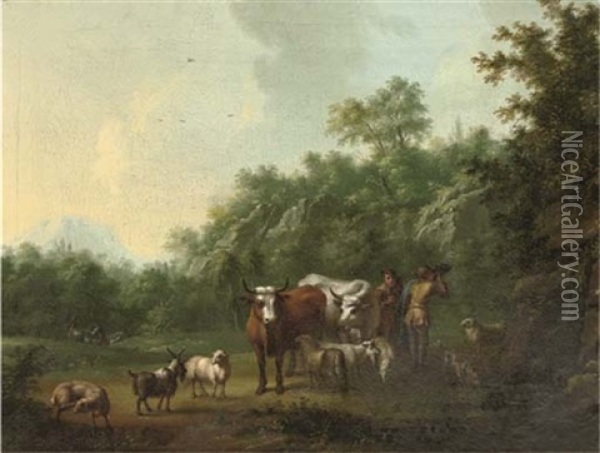 Herdsmen With Cattle Resting Near A Waterfall In An Italianate Landscape Oil Painting - Jan van Gool