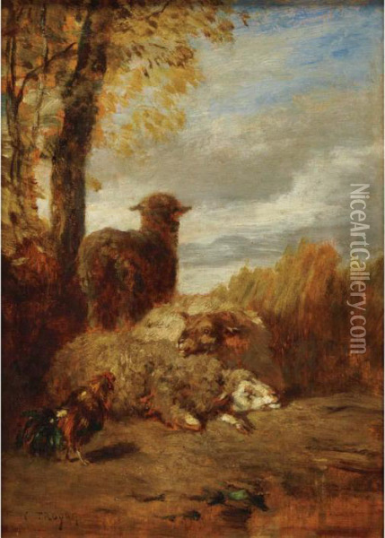 Three Sheep And A Rooster Oil Painting - Constant Troyon