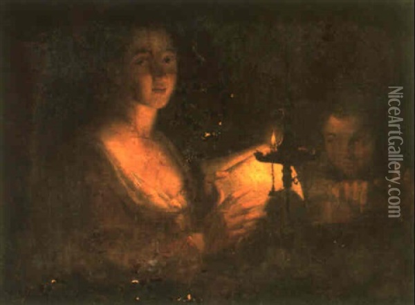 Music Lesson By Candlelight Oil Painting - Jean Raoux