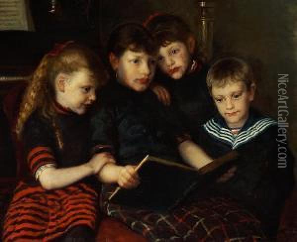 The Older Sister Is Reading A Story To Her Three Younger Siblings Oil Painting - Ole Pedersen