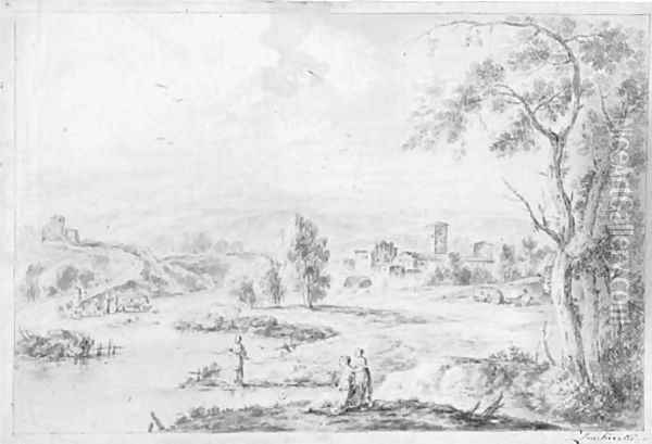 An extensive Italianate river landscape with peasant women fishing Oil Painting - Francesco Zuccarelli