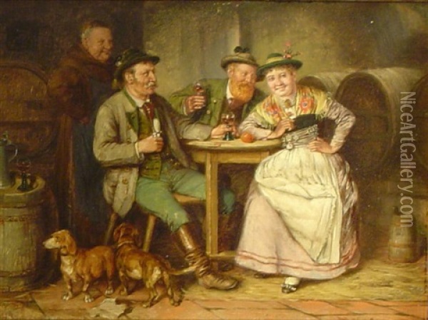 Gesellschaft Im Weinkeller (+ Another, Similar; 2 Works) Oil Painting - Johann Adalbert Heine
