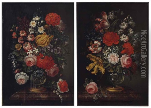 Flowers In Crystal Vases (a Pair) Oil Painting - Caspar Hirschel