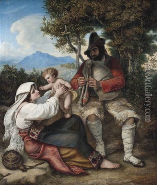 A Shepherd Playing A Tune To His Baby Oil Painting - Louis (Julius Ludwig) Asher